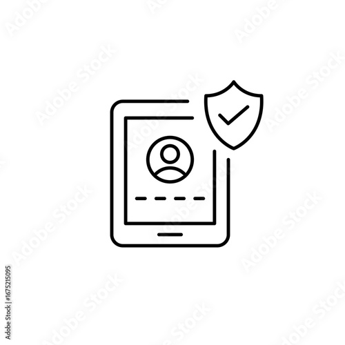 Tablet user login page, shield and checkmark. Cybersecurity assurance, safe data handling, authenticated login, compliant digital use. Pixel perfect, editable stroke vector icon