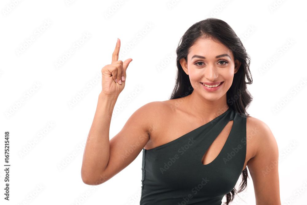 Smiling Woman Joyfully Raises A Finger