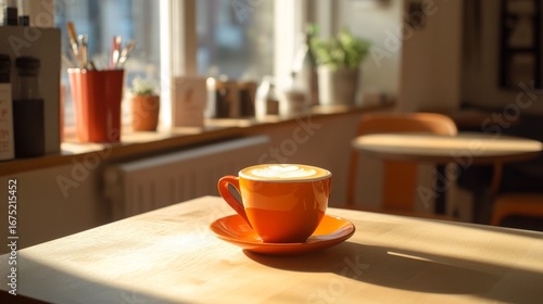 Wallpaper Mural A warm cup of coffee rests on a wooden table. Sunlight filters through the window, creating a cozy atmosphere. Perfect for a quiet moment. Generative AI Torontodigital.ca