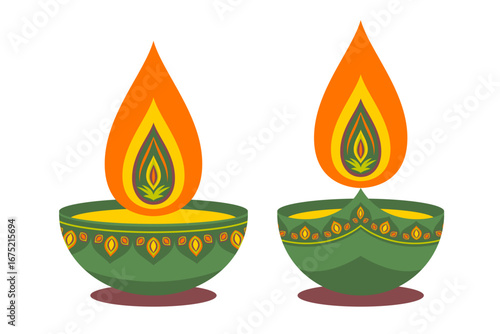 Diwali diya - oil lamp. Element for traditional Indian festival of lights. Flat style on isolated white background. Vector illustration.