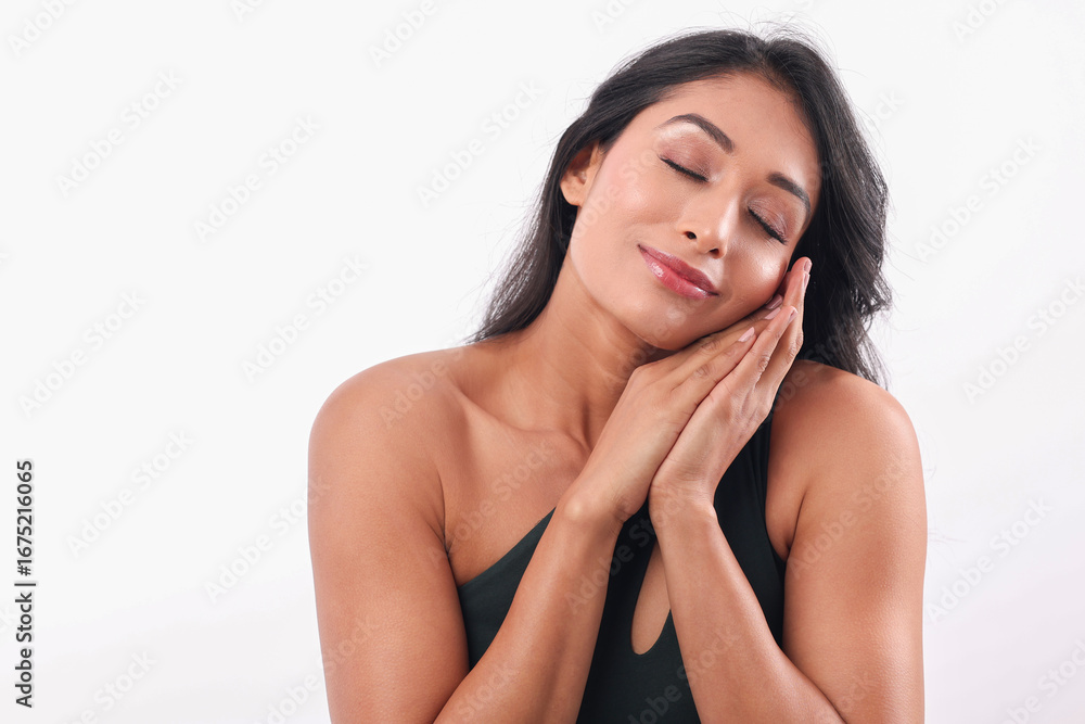 Obraz premium Cute Woman Making Sleep Gesture