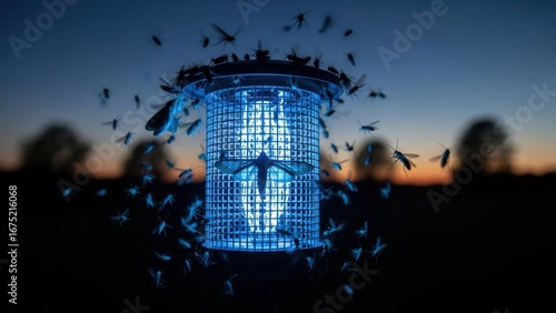 Insects swarming around a glowing blue bug zapper at night.