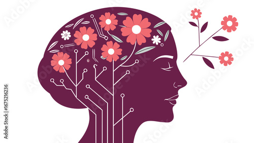Serene Woman Profile: Floral Brain Data Entry Concept,  Abstract Illustration
