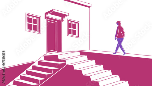 Minimalist illustration: Person walking past house steps, data entry concept, purple tones, modern style.
