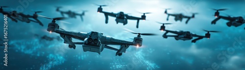 A futuristic navy drone swarm illuminated by AI holograms, showcasing advanced technology and innovation in a visually striking composition, Navy Birthday with AI