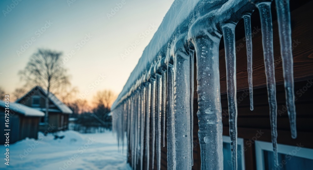 Naklejka premium Rows of sharp icicles hanging from a roof edge, winter landscape scene