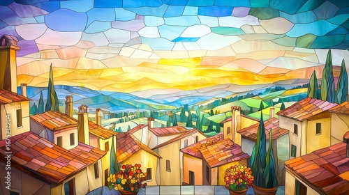 A vibrant stained glass depiction of a sunset over quaint rooftops and rolling hills, showcasing a colorful and artistic landscape.