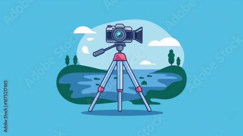 Camera mounted on a tripod with a scenic landscape background.