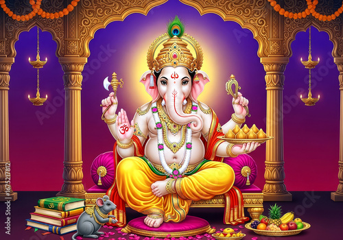Divine Ganesha blesses devotees with wisdom and prosperity, seated majestically with sacred offerings and symbols of power and knowledge.