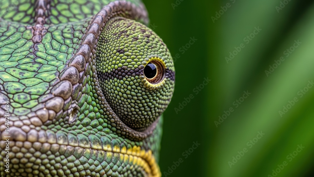 Fototapeta premium Extreme macro close-up of a green chameleon's eye and textured skin.