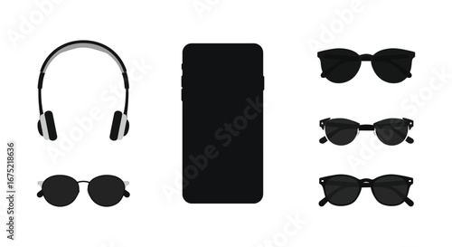 Collection of black headphones sunglasses and smartphone on white background