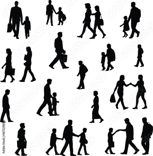Family silhouettes walking together, parent and child figures, casual walking poses, father and daughter, black vector illustration of people in everyday motion, urban lifestyle design