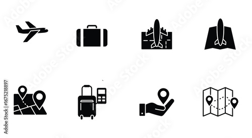 Travel and tourism icons in black and white