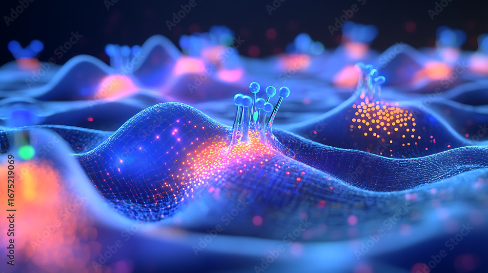 Naklejka premium Compact high-speed nanobot moving between synapses in a simulation grid 