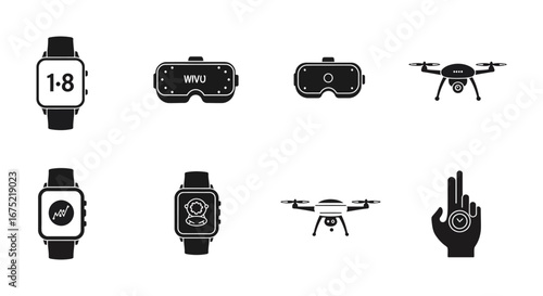 Collection of smartwatch vr headset drone and hand icons in black and white