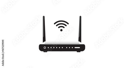 Wireless router with antennas and wifi symbol on a plain background