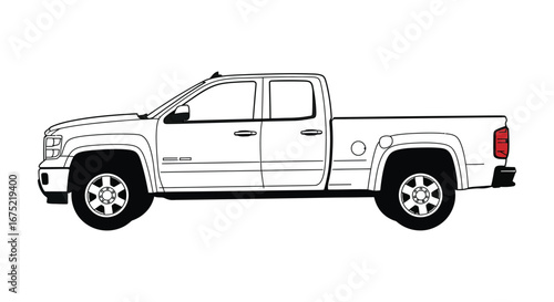 A black and white illustration of a pickup truck