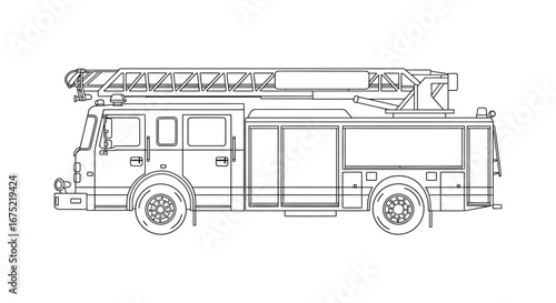 Fire truck with ladder on top in a line drawing style