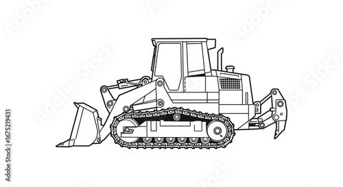 A large bulldozer with a blade and ripper attachment on a white background
