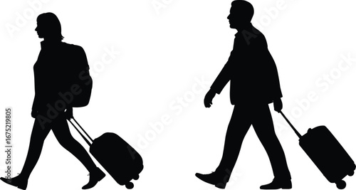 Silhouette of business woman and man walking with rolling suitcases, travel concept, airport journey, pulling luggage, professional travelers, isolated on white background