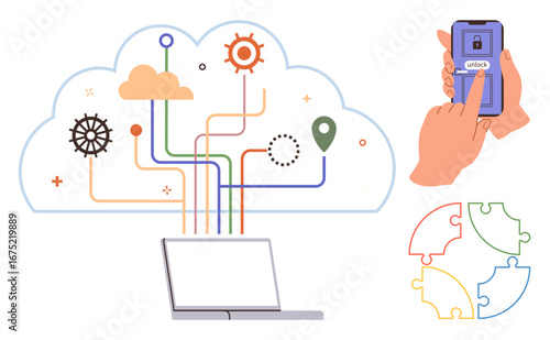 Cloud with data lines linked to a laptop, gears, and mobile unlock action by touching screen. Ideal for cloud computing, data sharing, online security, teamwork, innovation, connectivity and digital