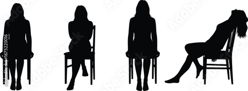 Seated posture silhouette icons set, black vector of sitting positions for body language, ergonomics, behavior, pose reference illustration