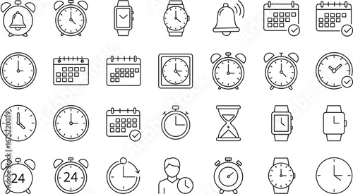 Time and scheduling icons set, black and white vector symbols with clocks, calendars, alarms, hourglasses, reminders, productivity illustration