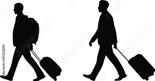 Silhouette of two male travelers walking with rolling suitcases and backpack, business travel, airport journey, walking forward, luggage, travel concept, isolated on white background