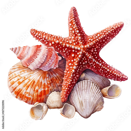 Starfish And Beach Shells, watercolor drawing vector, isolated on a white background.
