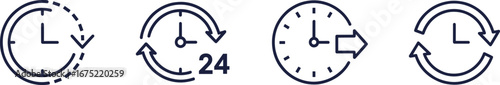 Time service icons set, black and white vector with recurring cycle, 24‑hour service, time progression, repeat arrows, scheduling illustration