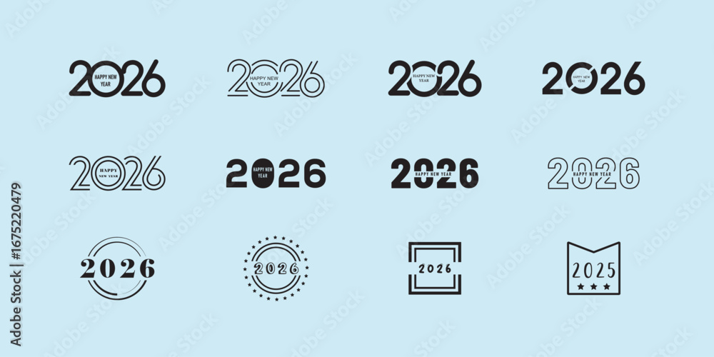 Fototapeta premium Collection of Modern 2026 Happy New Year Design Elements