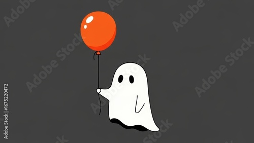 Obraz na płótnie A cute, simple cartoon ghost holding an orange balloon.