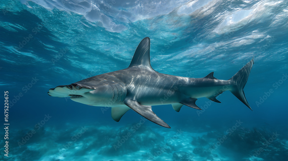 Obraz premium Scalloped hammerhead shark swimming in ocean, concept of marine wildlife predator