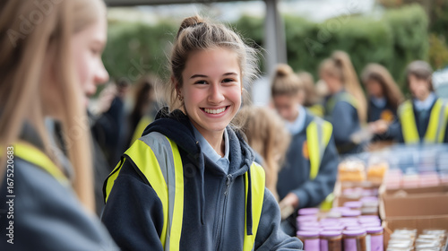 School fundraising event with children and volunteers, concept of charity education campaign