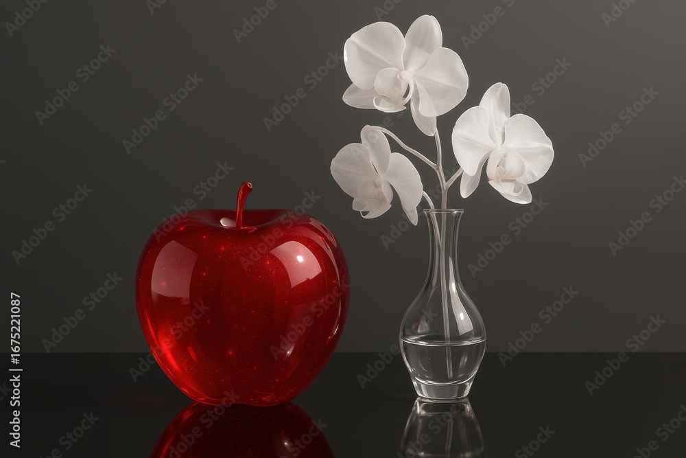 Obraz premium Glossy red apple and white orchid flowers in glass vase on reflective surface