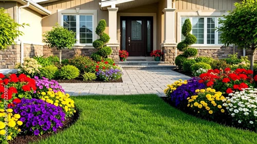 Wallpaper Mural Modern House with Lush Green Lawn and Colorful Flowerbeds - A modern house with a meticulously landscaped front yard featuring vibrant flowerbeds and a neatly trimmed green lawn. Torontodigital.ca