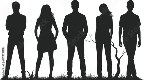 Silhouettes of five young adults standing outdoors, confident poses, casual clothing, natural background, tree branches, grass, diversity, unity, friendship, teamwork, people together, social group
