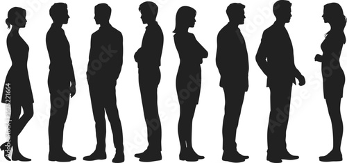 Silhouettes of men and women standing, group of diverse people, side view, social interaction, teamwork concept, isolated on white background, business and casual attire