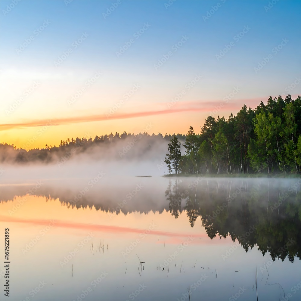 Fototapeta premium Misty Sunrise Lake Reflection, Summer Scenery
