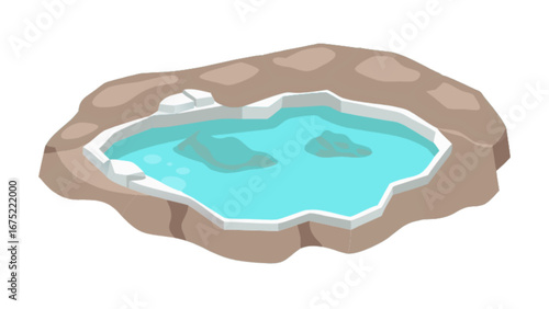 Illustration of a relaxing outdoor hot spring spa with rocks and blue water for wellness and recreation