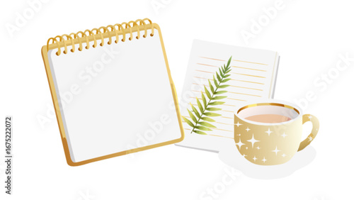 Cozy workspace with notebook, tea cup and botanical print for creative projects and relaxation time