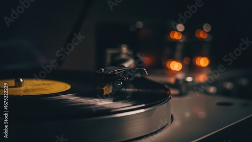 A stylus on a vinyl record on a turntable with a warm, dark background.