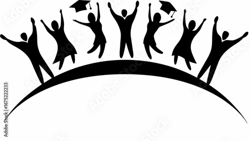Silhouetted graduates celebrating on a curved line with graduation caps in a black and white illustration