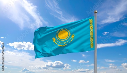 Kazakhstan’s national flag waving in the sky
