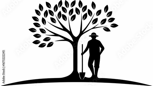 Silhouette of a farmer with a shovel standing next to a leafy tree on a hill in black and white design