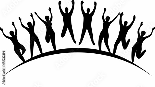 Silhouette illustration of a group of people jumping with their arms raised on a curved line design art