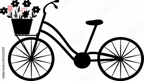 A black silhouette of a bicycle with a basket full of flowers on a white background illustration