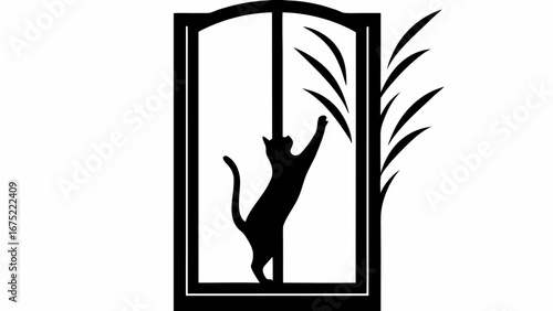 Silhouette of a cat reaching up inside a window frame with plants visible on the right side of the frame