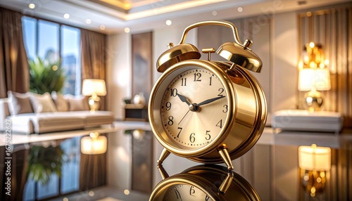 A gleaming golden alarm clock on a reflective surface, emphasizing precision and luxury within a modern, elegant living space