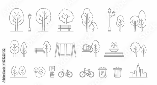 Line art illustration featuring various park elements including trees, benches, swings, a fountain, bicycles, a trash can, and a city skyline.